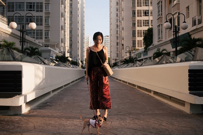 Văn Mai Hương diện áo hai dây dạo phố cùng thú cưng